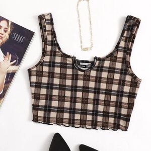 SHEIN Notch Neck Lettuce Trim Plaid Crop Top | Size S